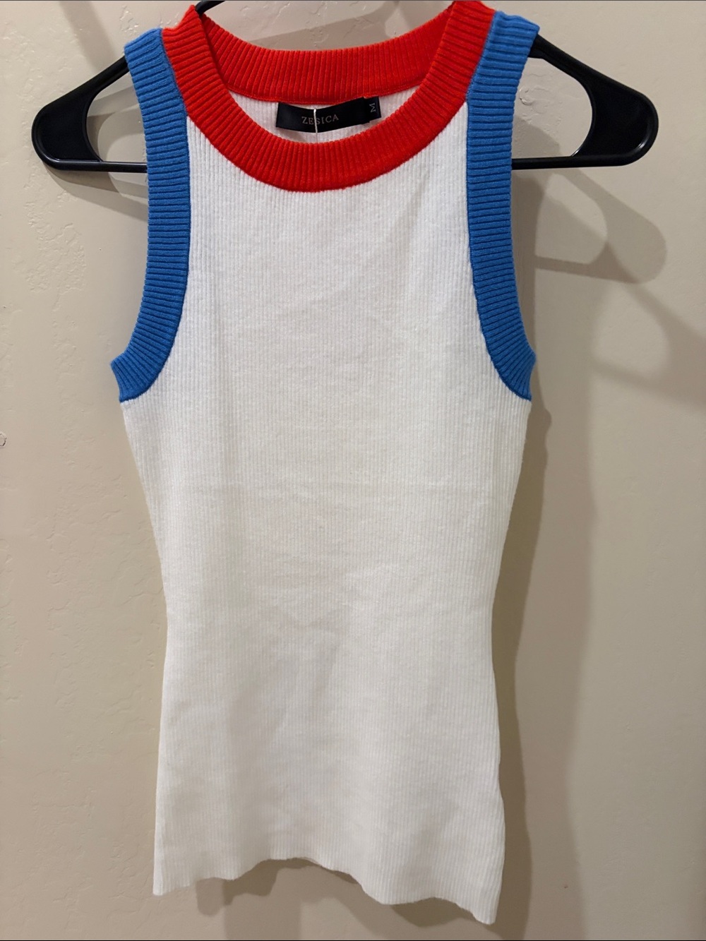 💙🤍♥️Zerica White Ribbed Tank with Red Neckline and Blue Trim
